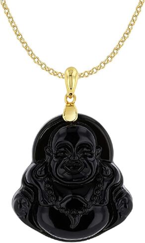 Shop-iGold Happy Laughing Buddha Black Jade Pendant Necklace Open Rolo Box Chain Genuine Certified Grade A Jadeite Jade Hand Crafted in Saudi Arabia