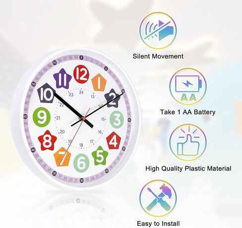 Aurowit Learning Wall Clock 12 Inch –Time Teaching Non-Ticking Battery Operated Wall Clock for Classroom, Bedroom, Homeschool, Christmas in Saudi Arabia