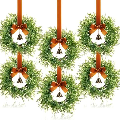 Suncalla 12 Christmas Kitchen Cabinet Wreaths with Velvet Ribbon Bell Mini Christmas Hanging Cabinet Doors Wreath Decorative for Farmhouse Kitchen Window Holiday (Brown) in Kuwait