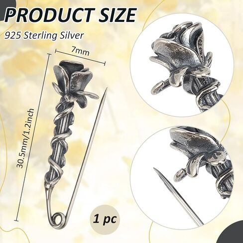 BENECREAT 925 Sterling Silver Rose Brooch, Elegant Silver Floral Pin, Women's Metal Flower Brooch for Boutonniere Floral Breastpin Scarf Dress Clothes Hat Accessories in Saudi Arabia