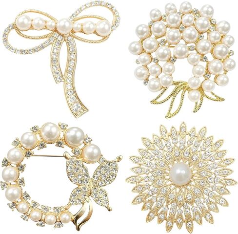 4 PCS Pearl Brooch, Vintage Pearl Brooches for Women Wedding Dress, Elegant Pins for Blazer and Coat Decor in Kuwait