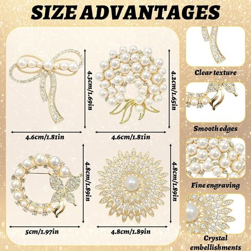 4 PCS Pearl Brooch, Vintage Pearl Brooches for Women Wedding Dress, Elegant Pins for Blazer and Coat Decor in Kuwait