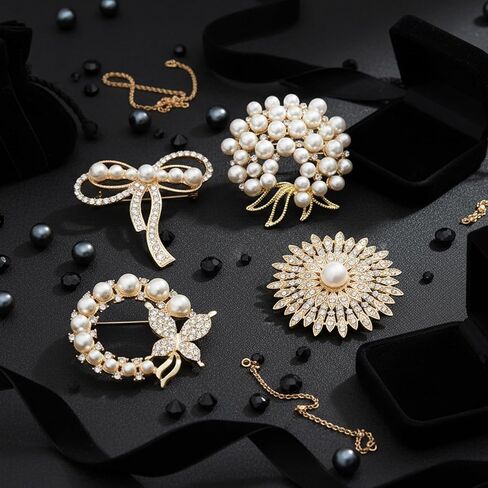 4 PCS Pearl Brooch, Vintage Pearl Brooches for Women Wedding Dress, Elegant Pins for Blazer and Coat Decor in Kuwait