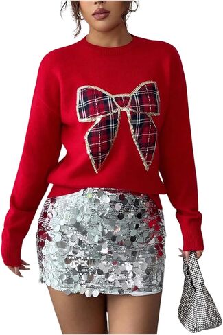 GORGLITTER Women's Valentine Bow Sweater Bow Sequin Plaid Cute Long Sleeve Crew Neck Knit Trendy Pullover Jumper Tops in Saudi Arabia