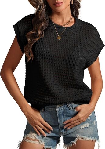 ATHMILE Womens Spring Tops Summer Shirts Beach Vacation Crochet Cap Sleeve Knit Sweater Pullover Cute Fashion Clothes in Saudi Arabia