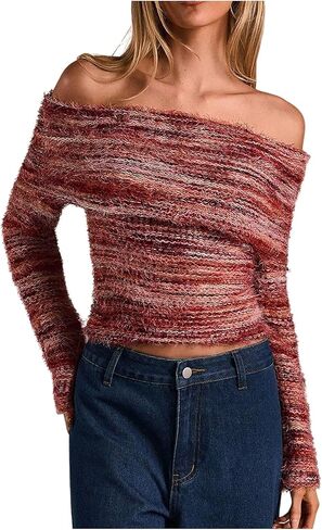 MAKEMECHIC Women's Striped Fuzzy Sweater Cropped Off The Shoulder Long Sleeve Y2k Pullover Tops in Saudi Arabia