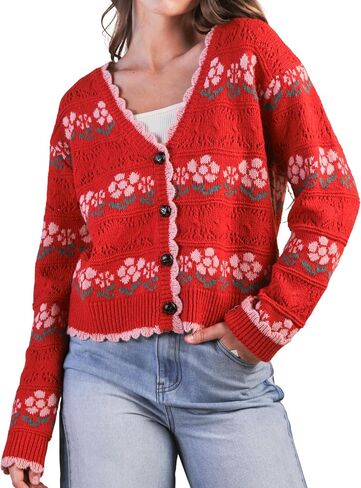 Women’s Floral Knit Button Down Cardigan with Scallop Edge & Drop Shoulder in Saudi Arabia