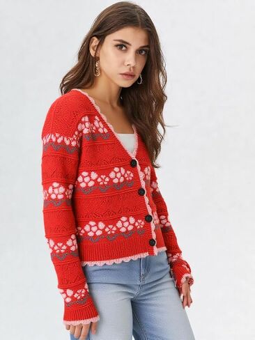 Women’s Floral Knit Button Down Cardigan with Scallop Edge & Drop Shoulder in Saudi Arabia