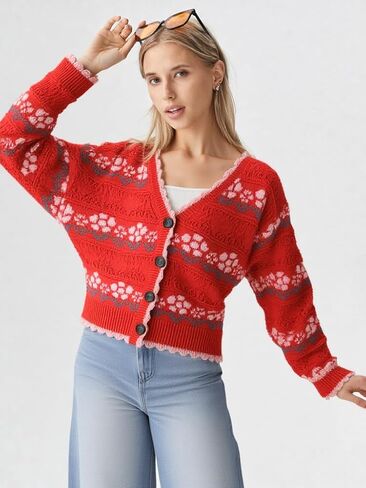 Women’s Floral Knit Button Down Cardigan with Scallop Edge & Drop Shoulder in Saudi Arabia