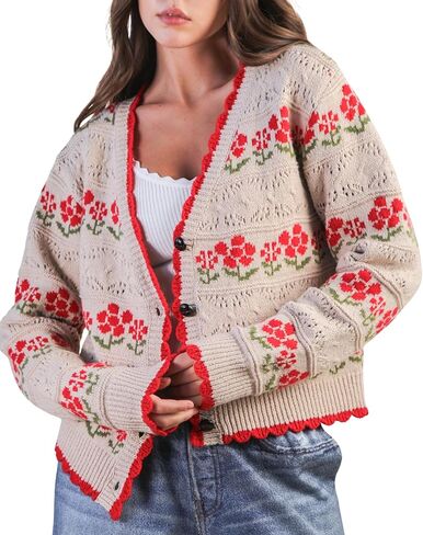 Women’s Floral Knit Button Down Cardigan with Scallop Edge & Drop Shoulder in Saudi Arabia