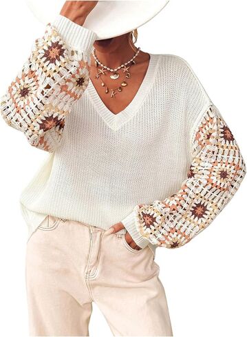 Verdusa Women's Boho Floral Crochet Sweater V Neck Long Sleeve Loose Knitted Pullover Sweaters in Saudi Arabia