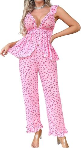 BEAUDRM Women's 2 Piece Sexy Pajama Set Heart Graphic Front Closure Ruffle Cami Top and Pants Loungewear Sleepwear in Saudi Arabia