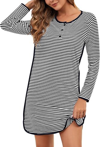 VibeVista Nightgowns for Women Soft Cotton Striped Sleepwear Sleep Shirts Long Sleeve Crew Neck House Dresses Night Gown in Saudi Arabia