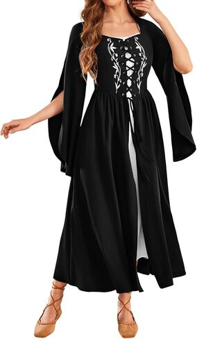 Scarlet Darkness Women's Medieval Renaissance Costume Dress Long Bell Sleeve Embroidery Cosplay Overdress in Saudi Arabia