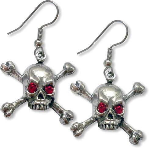 Gothic Skull and Crossbones Dangle Earrings with Red Austrian Crystal Eyes in Saudi Arabia