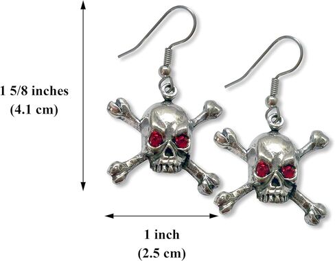 Gothic Skull and Crossbones Dangle Earrings with Red Austrian Crystal Eyes in Saudi Arabia