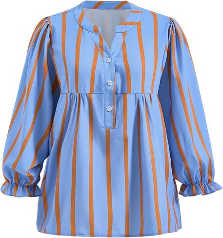 winkbay Women's Puff Sleeve Babydoll Tops Cute Striped Peplum Notch V Neck Loose Shirts in Saudi Arabia
