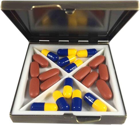 Elegant Brass Pill Box with Four Compartments – Compact 2.5 Inch Square Travel Pill Organizer – Stylish and Durable Case for Daily Pills, Vitamins, and Supplements in Saudi Arabia