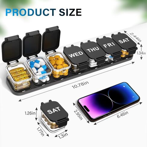 Extra Large Weekly Pill Organizer 7 Day - Portable Daily Pill Box with 7 Detachable Compartments, Vitamin Holder and Medicine Organizer for Supplements, Home and Travel, Black in Saudi Arabia