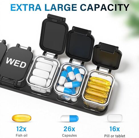 Extra Large Weekly Pill Organizer 7 Day - Portable Daily Pill Box with 7 Detachable Compartments, Vitamin Holder and Medicine Organizer for Supplements, Home and Travel, Black in Saudi Arabia