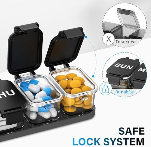 Extra Large Weekly Pill Organizer 7 Day - Portable Daily Pill Box with 7 Detachable Compartments, Vitamin Holder and Medicine Organizer for Supplements, Home and Travel, Black in Saudi Arabia