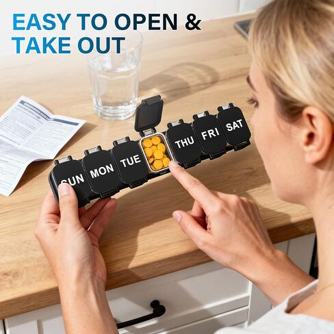 Extra Large Weekly Pill Organizer 7 Day - Portable Daily Pill Box with 7 Detachable Compartments, Vitamin Holder and Medicine Organizer for Supplements, Home and Travel, Black in Saudi Arabia