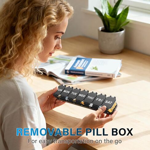 Extra Large Weekly Pill Organizer 7 Day - Portable Daily Pill Box with 7 Detachable Compartments, Vitamin Holder and Medicine Organizer for Supplements, Home and Travel, Black in Saudi Arabia