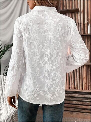 GORGLITTER Women's Boho Peasant Tops Floral Embroidered Long Sleeve Linen Shirts Button Down Collared Blouses Dressy Casual in Saudi Arabia
