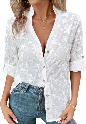 GORGLITTER Women's Boho Peasant Tops Floral Embroidered Long Sleeve Linen Shirts Button Down Collared Blouses Dressy Casual in Saudi Arabia