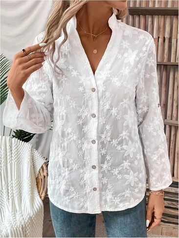 GORGLITTER Women's Boho Peasant Tops Floral Embroidered Long Sleeve Linen Shirts Button Down Collared Blouses Dressy Casual in Saudi Arabia