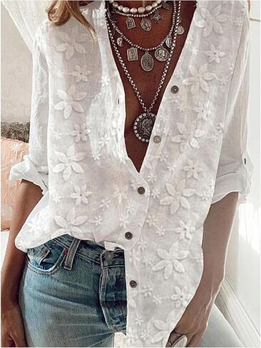 GORGLITTER Women's Boho Peasant Tops Floral Embroidered Long Sleeve Linen Shirts Button Down Collared Blouses Dressy Casual in Saudi Arabia