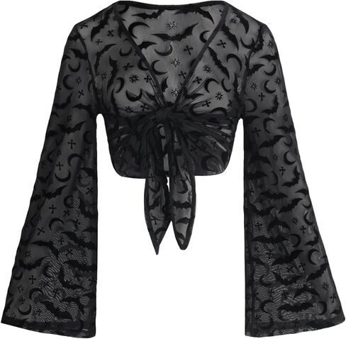 Verdusa Women's Y2k Gothic Clothes Sheer Mesh Top Tie Bell Sleeve Printed Wrap Blouse Shirt in Saudi Arabia