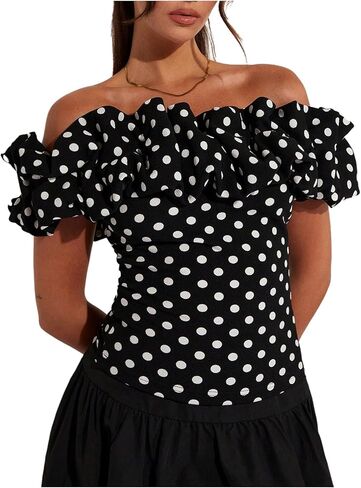 MakeMeChic Women's Polka Dots Blouse Off The Shoulder Ruffle Trim Short Sleeve Dressy Shirt Top in Saudi Arabia