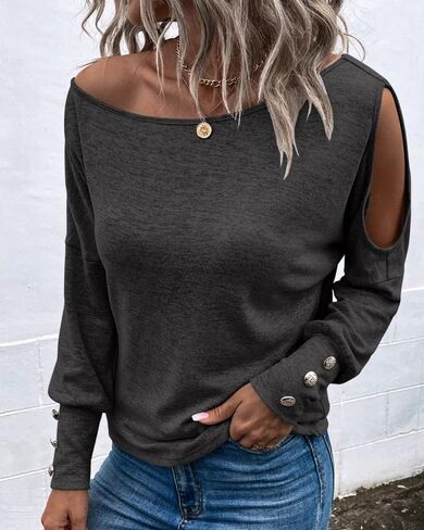 Womens Cold Shoulder Long Sleeve Top Button Detail Loose Fit Casual Solid Shirt for Office Street Daily Wear in Saudi Arabia