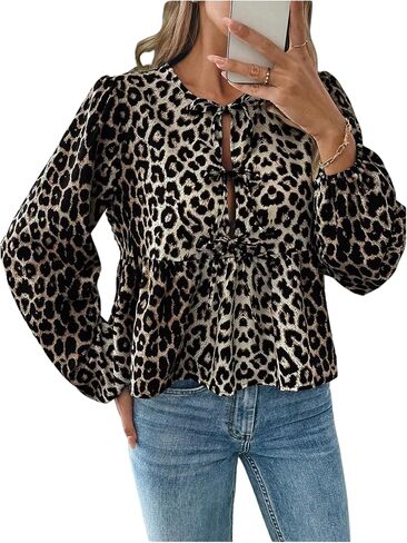 GORGLITTER Women's Cheetah Leopard Print Peplum Baby Doll Tops Blouse Fall Tie Front Puff Long Sleeve Babydoll Shirt in Saudi Arabia