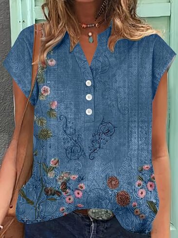 Summer Beach Vacation Boho Sleeve T Shirts Casual Tops Button V Neck Short Sleeve Shirts Loose Fit Top for Womens in Saudi Arabia