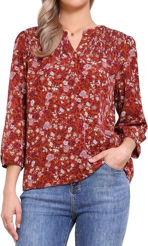 Allegra K V Neck Floral Shirt for Women's 3/4 Sleeve Smocked Front Casual Blouse Top in Saudi Arabia
