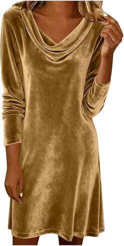 Lmdudan Velvet Dress for Women Long Sleeve Draped Cowl Neck Ruched Bodycon Midi Dress Elegant Slim Cocktail Party Dresses in Saudi Arabia
