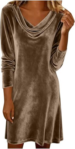 Lmdudan Velvet Dress for Women Long Sleeve Draped Cowl Neck Ruched Bodycon Midi Dress Elegant Slim Cocktail Party Dresses in Saudi Arabia