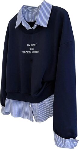 Verdusa Women's Plus Size Striped 2 in 1 Oversized Sweatshirt Preppy Pullover Tops Fall Clothes in Saudi Arabia