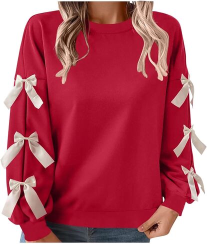 Valentines Sweatshirts for Women Cute Crewneck Valentine Outfits with Bow Tie Long Sleeve Heart Sweater 2026 in Saudi Arabia