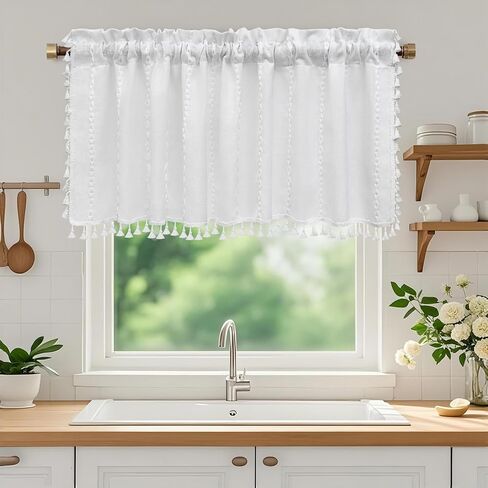 Boho Farmhouse Window Curtain with Tassels, 30 x 24 Inch Light Filtering Sheer Short Cafe Window Curtain Tier, White Linen Textured Pleated Small Window Drape for Kitchen or Bathroom, 1 Panel in Saudi Arabia
