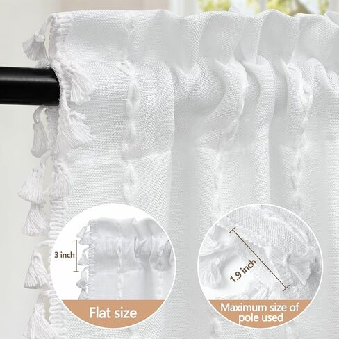 Boho Farmhouse Window Curtain with Tassels, 30 x 24 Inch Light Filtering Sheer Short Cafe Window Curtain Tier, White Linen Textured Pleated Small Window Drape for Kitchen or Bathroom, 1 Panel in Saudi Arabia