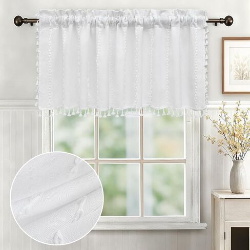 Boho Farmhouse Window Curtain with Tassels, 30 x 24 Inch Light Filtering Sheer Short Cafe Window Curtain Tier, White Linen Textured Pleated Small Window Drape for Kitchen or Bathroom, 1 Panel in Saudi Arabia