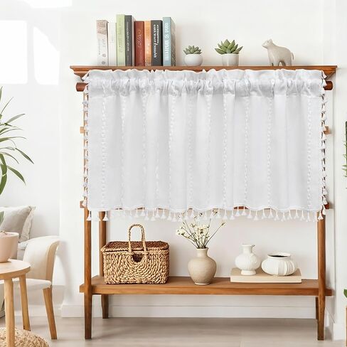 Boho Farmhouse Window Curtain with Tassels, 30 x 24 Inch Light Filtering Sheer Short Cafe Window Curtain Tier, White Linen Textured Pleated Small Window Drape for Kitchen or Bathroom, 1 Panel in Saudi Arabia