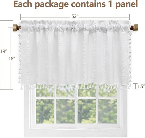 Boho Farmhouse Window Curtain with Tassels, 30 x 24 Inch Light Filtering Sheer Short Cafe Window Curtain Tier, White Linen Textured Pleated Small Window Drape for Kitchen or Bathroom, 1 Panel in Saudi Arabia