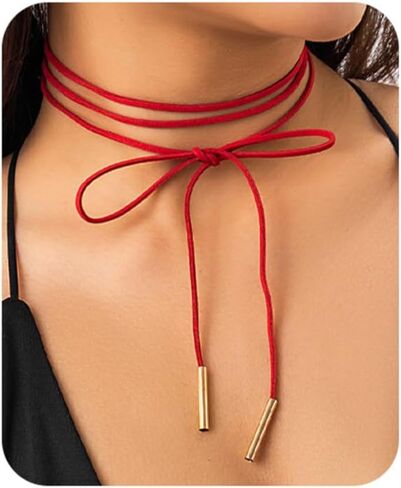 Bow Chocker Necklace for Women with Adjustable Layered Velvet Lace Collar Sexy Long Wrap Rope Collar Tie Gothic Choker Party Neck Accessories and Jewelry Gifts in Saudi Arabia