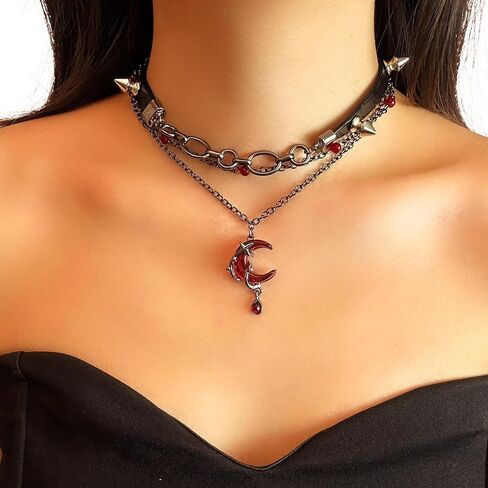 Nojess Gothic Crescent Moon Pendant Necklace for Women Black Vintage Layered Necklace Spike Leather Chain Choker Punk Jewelry Halloween Vampire Costume Accessories in Saudi Arabia
