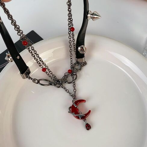 Nojess Gothic Crescent Moon Pendant Necklace for Women Black Vintage Layered Necklace Spike Leather Chain Choker Punk Jewelry Halloween Vampire Costume Accessories in Saudi Arabia