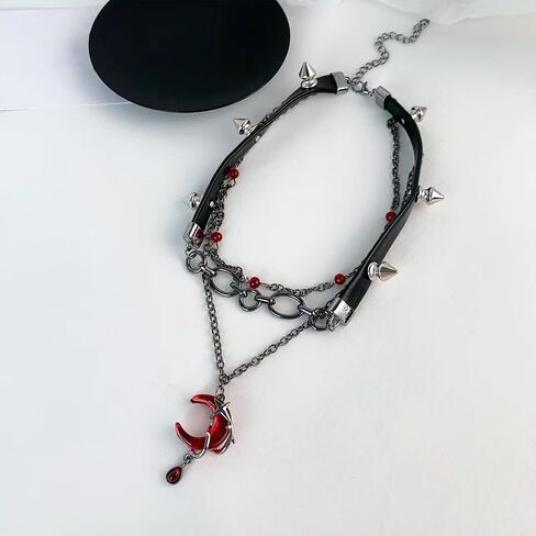 Nojess Gothic Crescent Moon Pendant Necklace for Women Black Vintage Layered Necklace Spike Leather Chain Choker Punk Jewelry Halloween Vampire Costume Accessories in Saudi Arabia